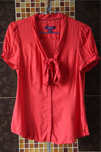 欧美瑞丽风格夏装外贸大牌原单尾货女装红色系带短袖衬衫衬衣