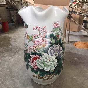 潮州陶之坊陶瓷花瓶书筒18寸46厘米白菜纹片牡丹花鸟红牡丹梁园