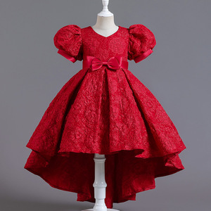 女童红色礼服蓬蓬公主裙子儿童泡泡袖燕尾长裙拖尾连衣裙表演出服