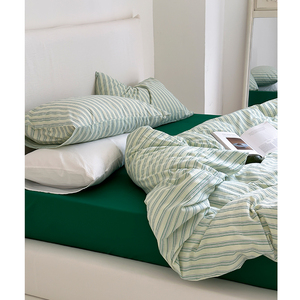 日系清爽薄荷绿条全棉水洗棉床上四件套简约条纹纯棉床单被套床笠