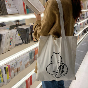 韩国小众设计可爱卡通小狗小熊动物趣味图案帆布袋休闲学生单肩包