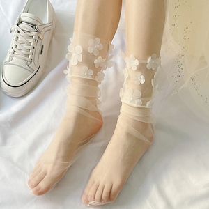 蕾丝袜子日系甜美堆堆袜女春夏季薄款透明网纱手工缝花朵仙女袜潮