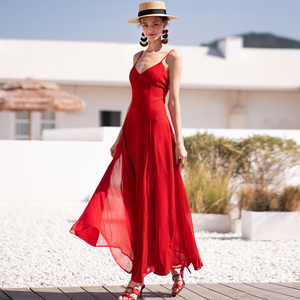 女飘逸仙气长裙夏气质沙滩裙海边裙子度假红色露背性感吊带连衣裙