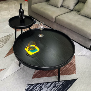 茶几实木现代小户型圆形小桌子轻奢简约客厅家用极简创意黑色北欧