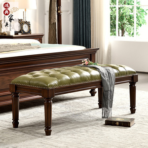 美式古典真皮床尾凳全实木床前凳黑胡桃木卧室家具床榻凳床边长凳