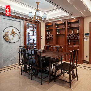 新中式餐桌椅组合 实木铜套饭桌长方形桌子 现代中式酒店饭馆家具