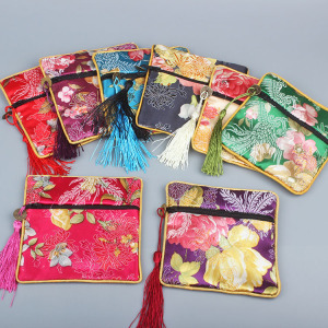 中式缎面花卉拉链四方袋包 复古小袋子首饰袋饰品袋收纳袋锦囊袋