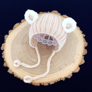 手工秋冬季男女童宝宝帽子小熊耳朵系带婴儿帽儿童保暖护耳毛线帽
