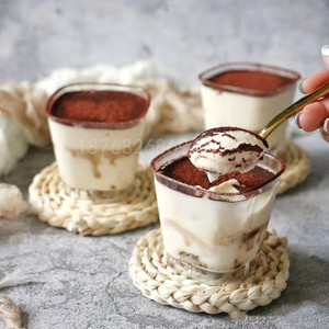 方形慕斯杯创意一次性木糠杯杯子塑料带盖带勺酸奶布丁杯双皮奶杯