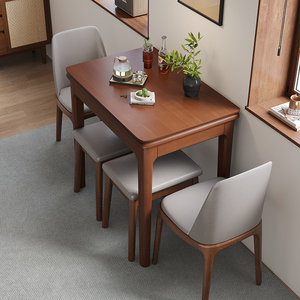 餐桌实木家用小户型可折叠胡桃色简约现代长方形客厅吃饭实木桌子