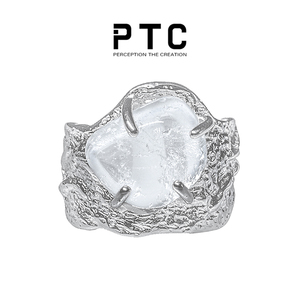 PTC 宽面肌理不规则小众设计纯银水晶宝石镶嵌开口戒指中性男女款
