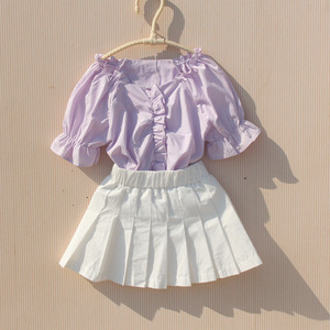 2023新品香芋紫色上衣女童夏季设计感泡泡袖法式方领木耳边衬衫