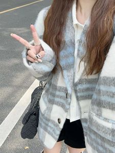 蓝白格子高级感毛呢外套女2024年春季新款韩系小个子加厚呢子大衣