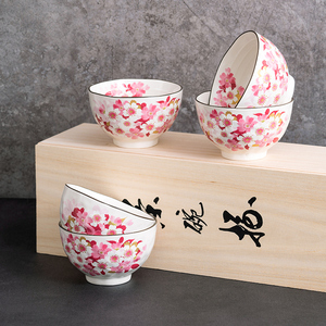 清仓美浓烧米饭餐碗日本进口花卉釉下彩日式陶瓷碗5个礼盒装礼品