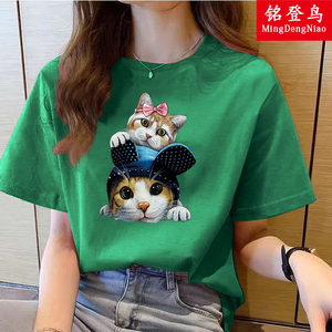 纯棉卡通t恤女2024新款短袖宽松绿色半袖上衣韩版动漫小猫印花潮