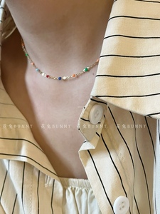 复古撞色彩色小珠子滴油细细锁骨链简约ins风叠戴时髦颈链钛钢18k