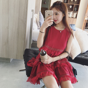 高端女装2024夏季新款韩版少女红色高腰中长款裙子女小个子连衣裙
