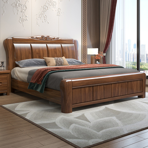 胡桃木实木床中式1.8米现代简约主卧双人床1.5轻奢储物床加厚婚床