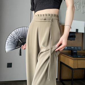 新中式国风冰丝西装裤女夏季薄款雪纺阔腿裤高腰垂感直筒休闲裤子
