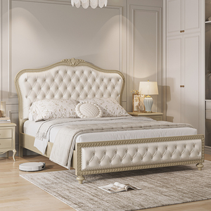 法式轻奢实木床现代简约主卧婚床欧式双人床1.8米美式真皮储物床