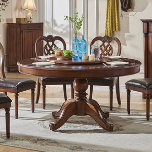 美式乡村全实木餐桌椅组合带转盘小户型欧式复古圆桌高端家用桌子