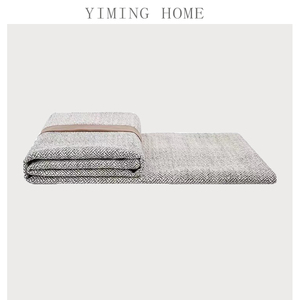 样板间搭巾简约现代轻奢灰色拼咖色搭毯棉麻布拼皮边床毯床上用品