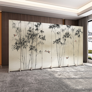 新中式竹子屏风隔断可折叠移动客厅酒店茶室遮挡不透油画布折屏