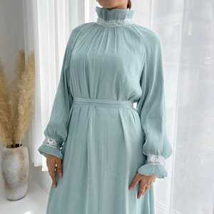 中东新款民族风土耳其纯色系带立领连衣裙 Sequin lace up dress