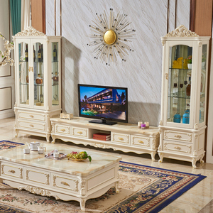 欧式实木酒柜客厅背景墙电视柜和茶几组合象牙白色储物柜可定做