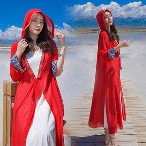 民族风女装丽江旅游连帽开衫外套绣花薄款红色防晒衫长款女夏季