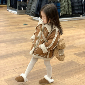 Moxi冬季新款女童宝宝皮毛一体加厚鹿皮绒外套儿童韩版保暖大衣