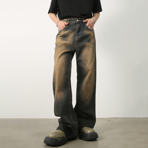 BlackAir 美式怀旧锈土色牛仔裤男设计可调腰围毛边阔腿直筒裤子
