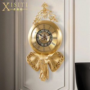 欧式轻奢黄铜大象别墅挂钟客厅钟表家用玄关壁挂美式艺术个性时钟
