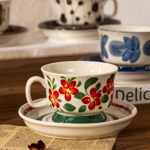 芬兰中古咖啡杯碟套装高颜值陶瓷带勺马克杯手绘复古下午茶拿铁杯