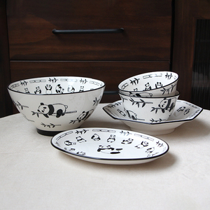 DearDali日式熊猫餐具套装 家用陶瓷饭碗面碗八角盘螺蛳粉碗ins风