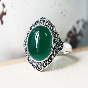 纯银天然绿宝石戒指女蛋面复古大气绿玉髓玛瑙活口老银戒指指环