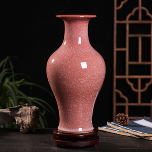 裂釉玉冰片陶瓷花瓶粉红色鱼尾瓶 景德镇瓷器客厅装饰中式摆件