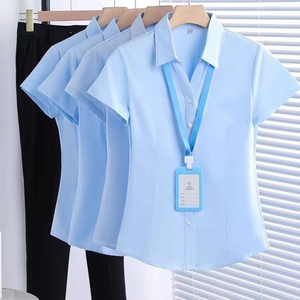 V领短袖蓝色衬衣女职业夏季2024年正装简约工装气质白衬衫工作服