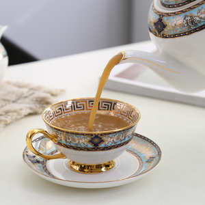 欧式骨瓷碧波咖啡杯碟套装英式下午茶杯具家用描金陶瓷花茶杯送勺