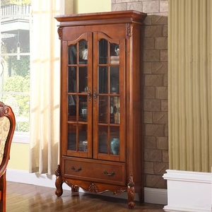 美式书柜实木双门储物柜书房家具落地带玻璃门组合书橱复古收纳柜