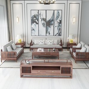 现代新中式实木沙发组合冬夏两用简约布艺转角小户型全屋家具定制