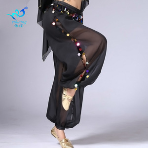 新款印度舞下装肚皮舞裤子表演服装练功服比赛舞蹈雪纺亮片裤灯笼