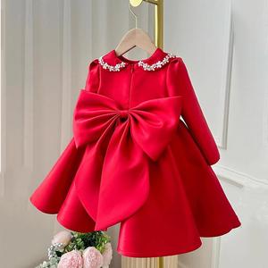 周岁女宝礼服红色花童小红裙长袖女童缎面公主裙轻奢儿童生日礼服