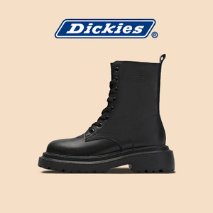 Dickies马丁靴春季新款真皮厚底高筒防水台短靴侧拉链黑色靴子女