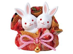 现货日本正品濑户烧和风锦彩两只小兔子开运摆件高6cm日本制1317