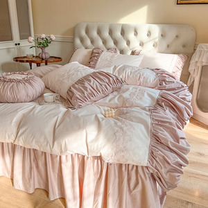法式褶皱公主风全棉床上四件套纯棉床单被套床裙式1.8m床网红床品