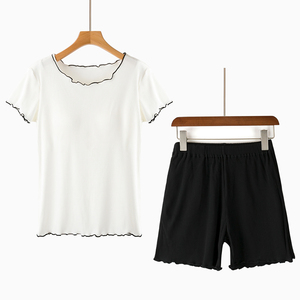 女夏季螺纹半袖T恤带胸垫免文胸短袖家居服套装瑜伽外穿休闲短裤