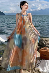 DAYDAYUP夏季海边度假风彩色吊带连衣裙宽松型系带一步裙长款裙子