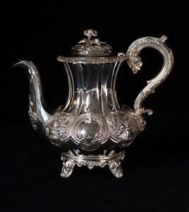 sold英国古董银器1853年代伦敦产手工立体浮雕花卉纯银咖啡壶茶壶