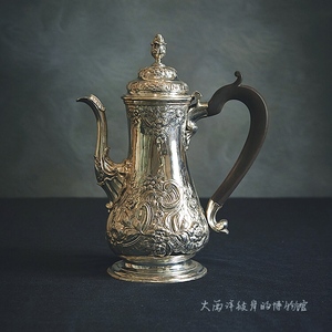 sold英国古董银器乔治时期伦敦产纯银满工雕花实木把手古董咖啡壶